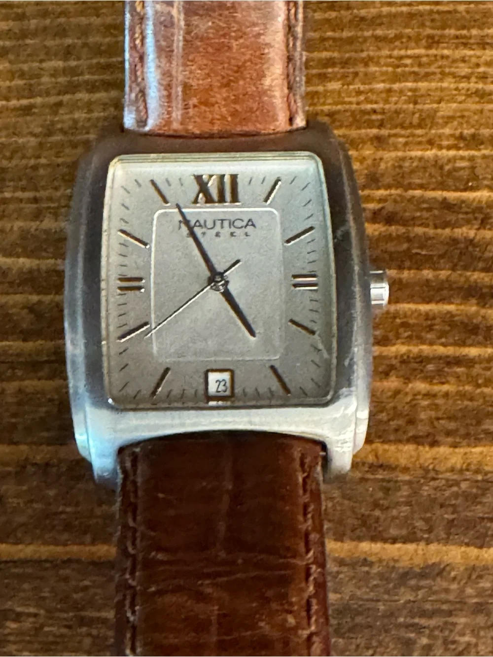 Nautica Silver-Tone Rectangular Watch with Brown Leather Band